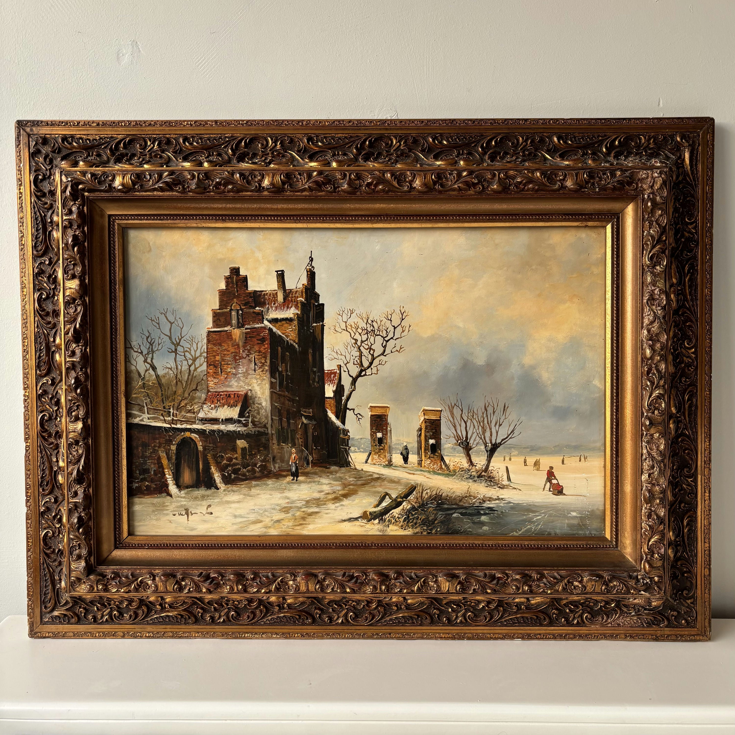 19th Century Antique Brick Building Snow Trees Skaters Oil Painting Authentic