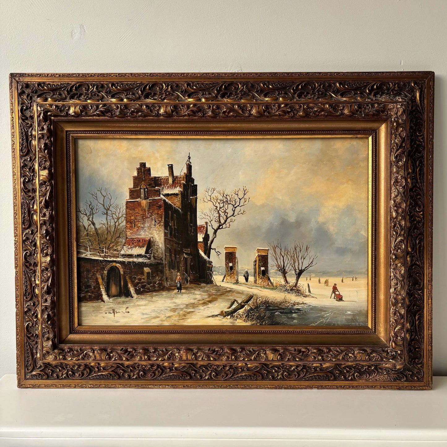 19th Century Antique Brick Building Snow Trees Skaters Oil Painting Authentic