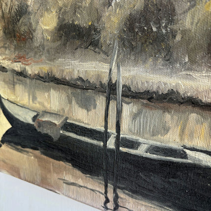 Rustic Harbor Scene Oil Painting "Black Boat" Expressive Art Holland Art Shop