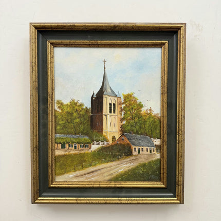 Handcrafted Cityscape Oil Painting "Village Church" Traditional Small Artwork Holland Art Shop