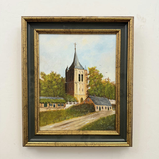 Handcrafted Cityscape Oil Painting "Village Church" Traditional Small Artwork Holland Art Shop