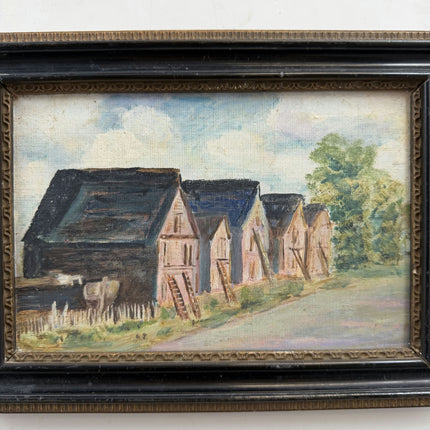 Elegant Farm Oil Painting "Row Houses" Vintage Small Art Holland Art Shop