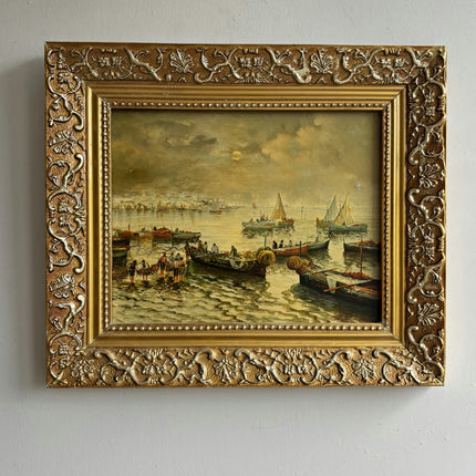 Detailed Harbor Scene Oil Painting "Gilded Frame" Rustic Small Art Holland Art Shop