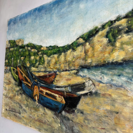 Elegant Seascape Oil Painting "Rowboats Beach" Vintage Artwork Holland Art Shop