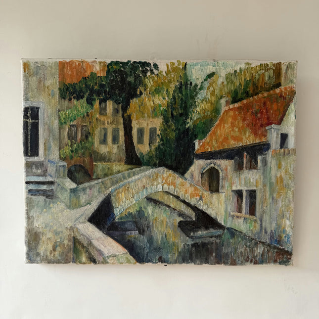 Timeless Cityscape Oil Painting "Stone Bridge" Rustic Small Artwork Holland Art Shop