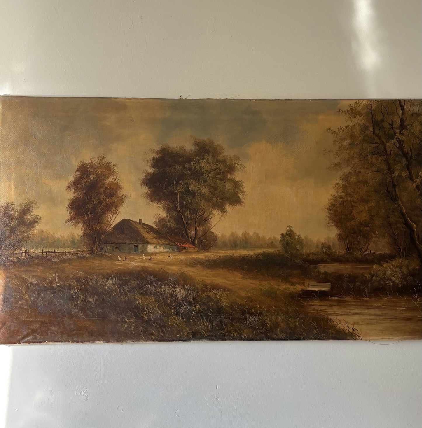 Antique Landscape Oil Painting "Thatched Cottage" Handcrafted Large Art