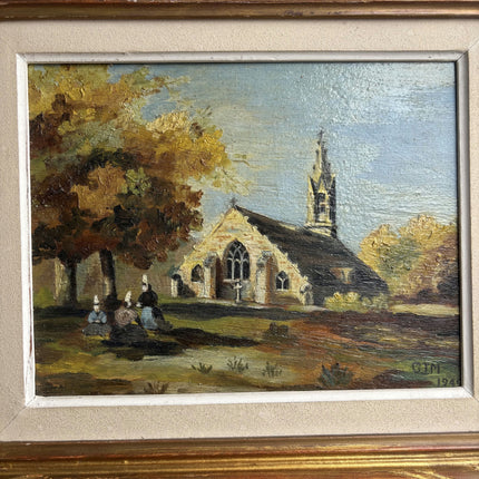 Refined Landscape Oil Painting "Stone Church" Authentic Small Artwork Holland Art Shop
