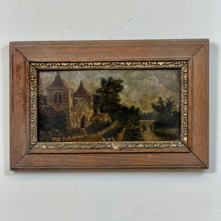 19th Century Antique Landscape Oil Painting "Stone Church" Small Art Holland Art Shop