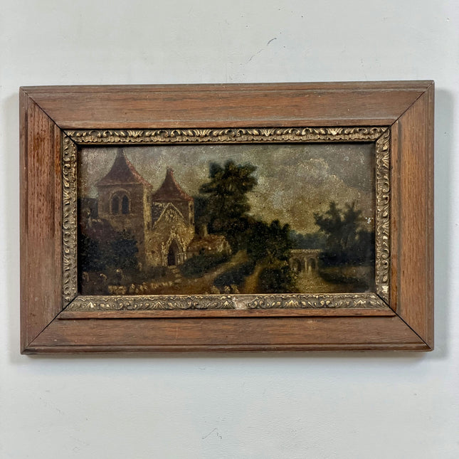 19th Century Antique Landscape Oil Painting "Stone Church" Small Art Holland Art Shop