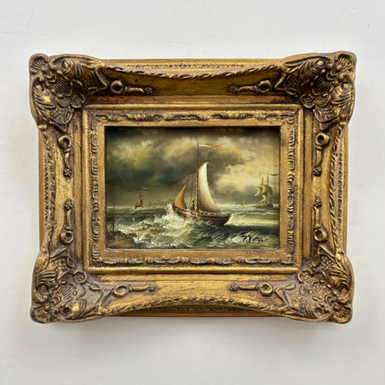 Antique Seascape Oil Painting "Sailing Boat" Original Small Art Holland Art Shop