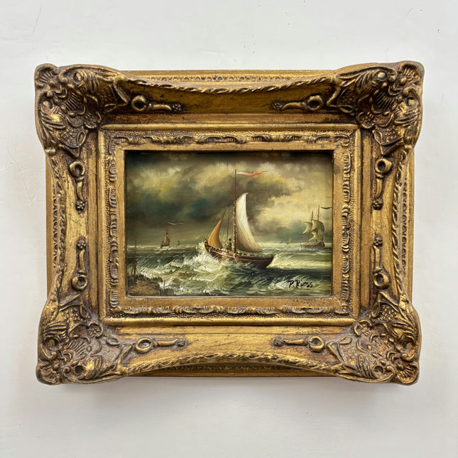 Antique Seascape Oil Painting "Sailing Boat" Original Small Art Holland Art Shop