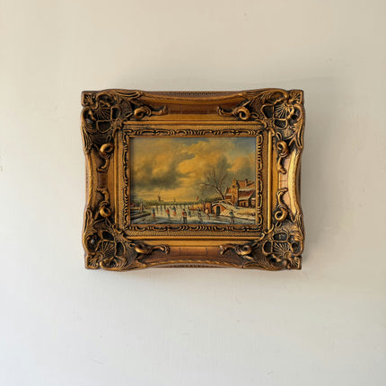 19th Century Antique Winter Landscape Oil Painting "Ornate Frame" Small Art Holland Art Shop