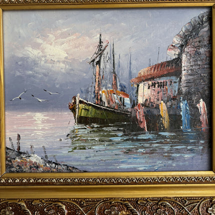 Handcrafted Harbor Scene Oil Painting "Ornate Frame" Refined Small Art Holland Art Shop