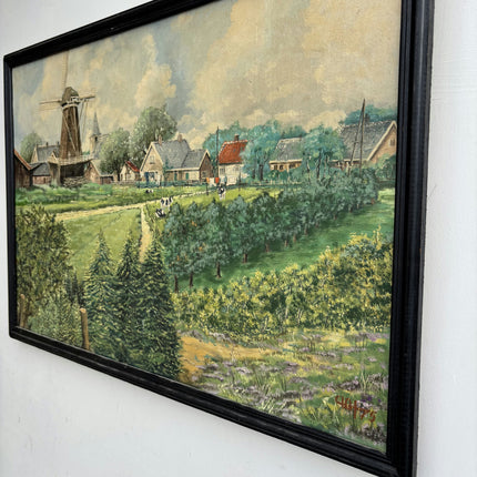 Original Landscape Oil Painting "Village Windmill" Authentic Artwork Holland Art Shop