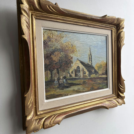 Refined Landscape Oil Painting "Stone Church" Authentic Small Artwork Holland Art Shop