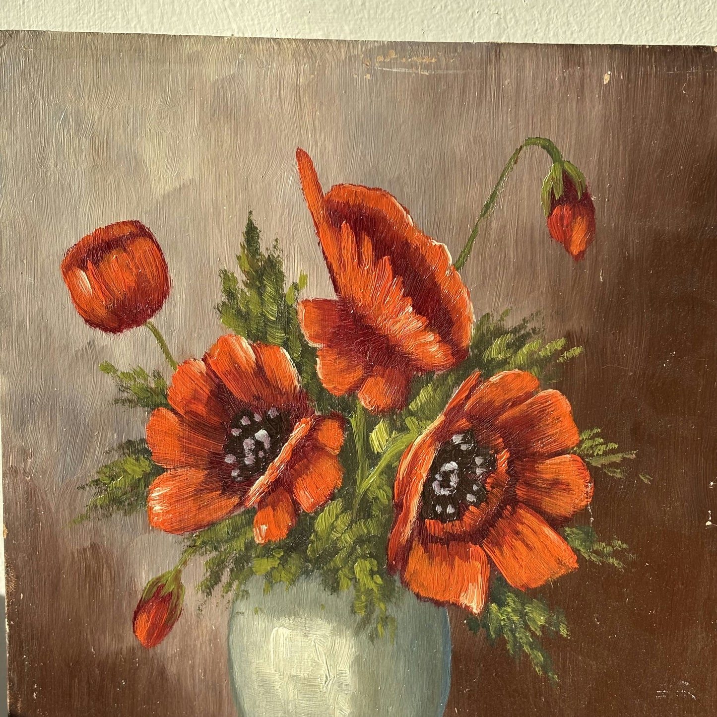 Remarkable Flowery Still Life Oil Painting "Crimson Poppy Bouquet" Small Artwork