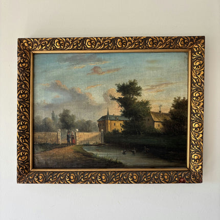 19th Century Antique Figurative Oil Painting "Country House" Belgium Artwork Holland Art Shop