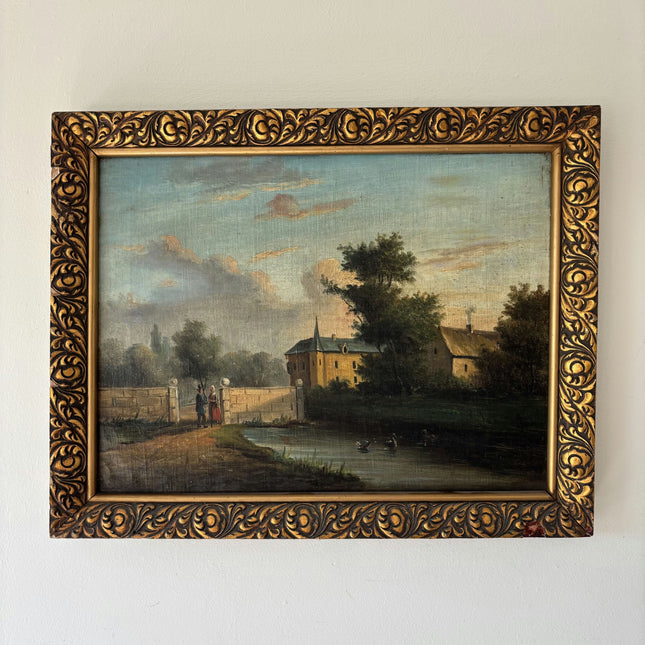 19th Century Antique Figurative Oil Painting "Country House" Belgium Artwork Holland Art Shop