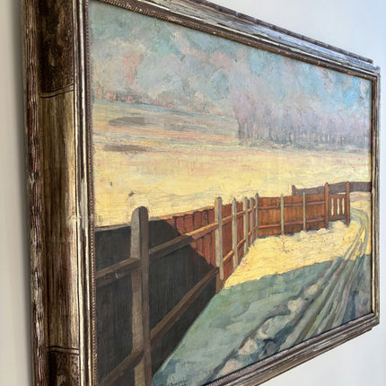 Refined Winter Landscape Oil Painting "Wooden Fence" Vintage Large Artwork Holland Art Shop