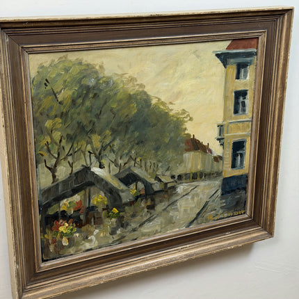 Expressive Dutch Cityscape Oil Painting "Flower Market" Vintage Large Art Holland Art Shop