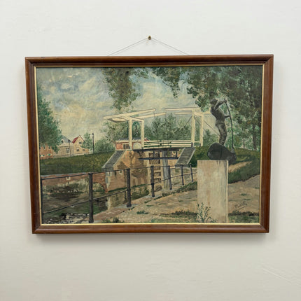 Refined Cityscape Oil Painting "River Lock" Vintage Large Art Holland Art Shop