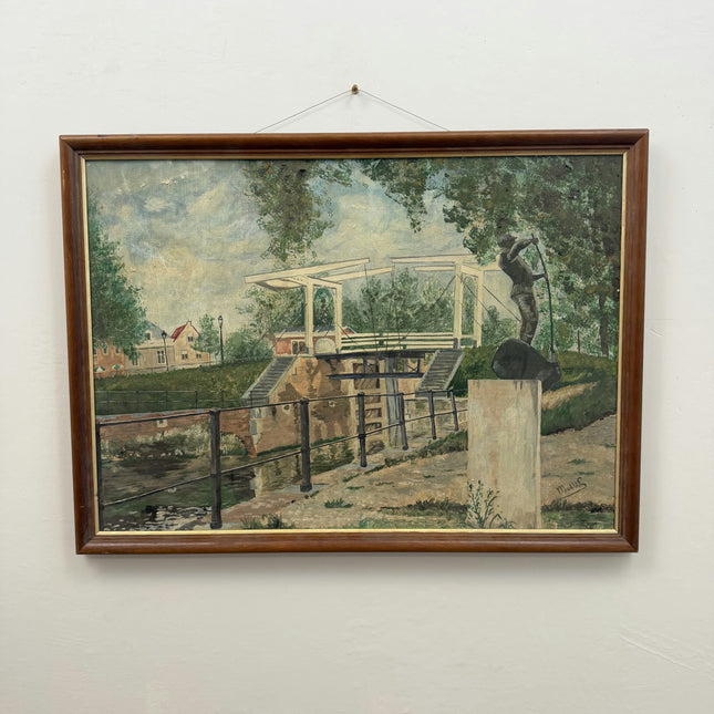 Refined Cityscape Oil Painting "River Lock" Vintage Large Art Holland Art Shop