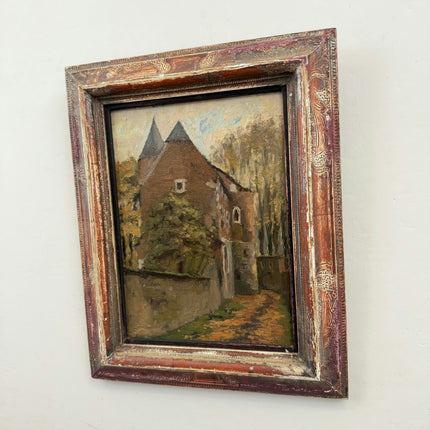 1909 Antique Scenery Oil Painting "Thatched Cottage" Small Art Holland Art Shop
