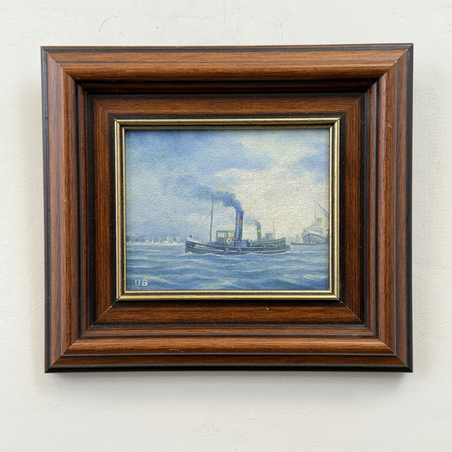 Detailed Seascape Oil Painting "Smoking Tugboat" Original Small Art Holland Art Shop