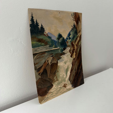 Authentic Landscape Aquarel "Rushing Waterfall" Rustic Small Artwork Holland Art Shop