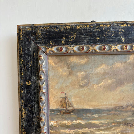 Vintage Seascape Oil Painting "Painted Frame" Rustic Small Artwork Holland Art Shop