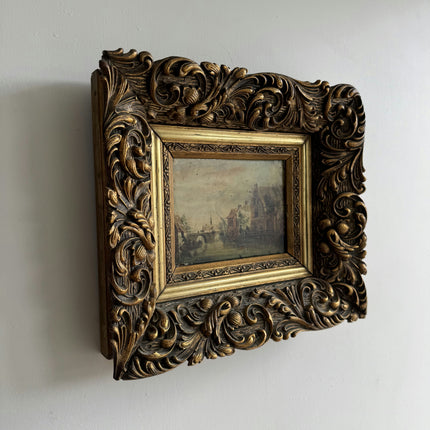 19th Century Antique Harbor Scene Oil Painting "Gilded Frame" Small Art Holland Art Shop