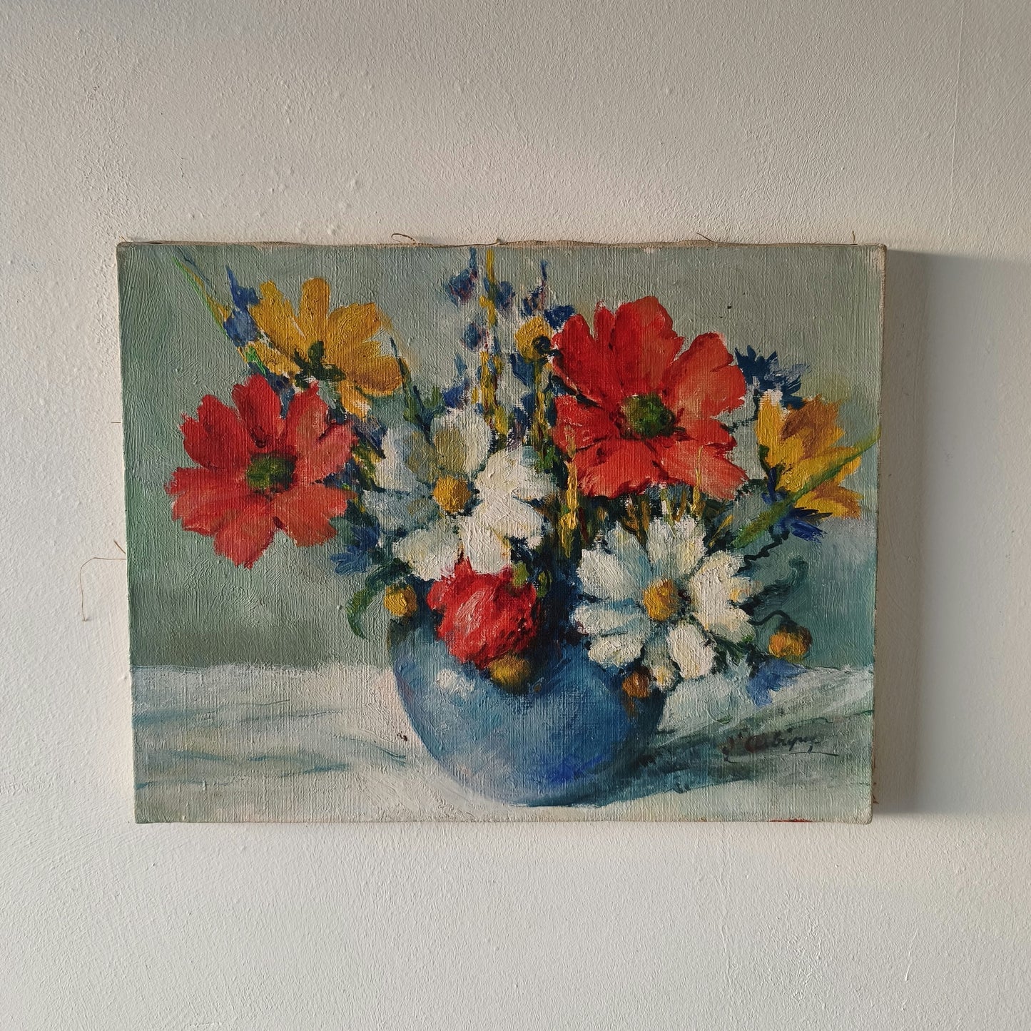 20th Century Blue Vase Red Yellow White Wildflowers Oil Painting Vintage