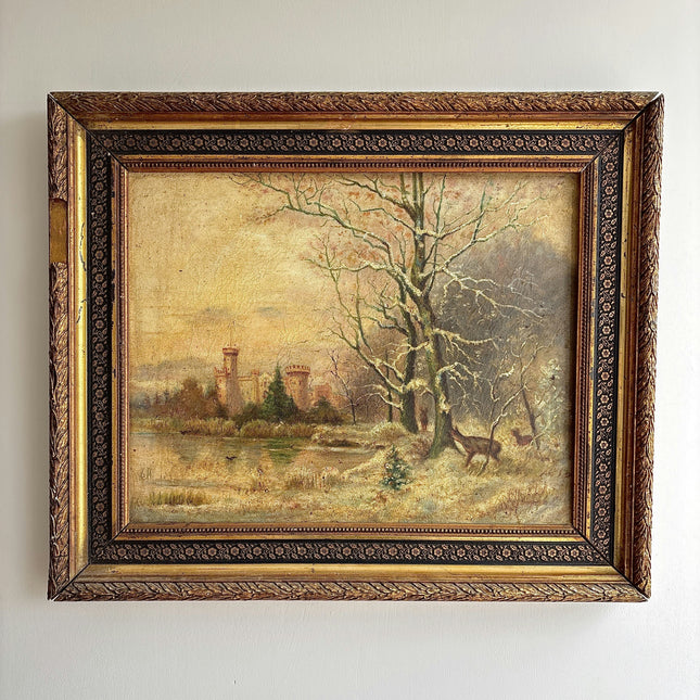 19th Century Antique Winter Landscape Oil Painting "Gilded Frame" French Art Holland Art Shop