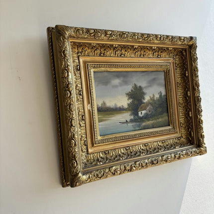 19th Century Antique Landscape Oil Painting "Gilded Frame" French Artwork Holland Art Shop