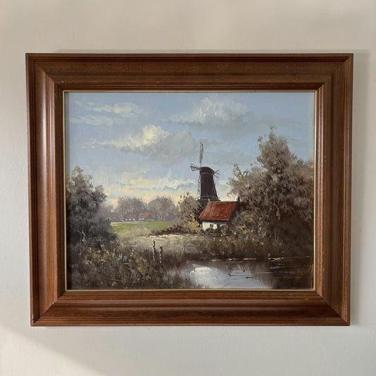 Vintage Oil Painting Landscape "Windmill Landscape" Traditional Medium Artwork