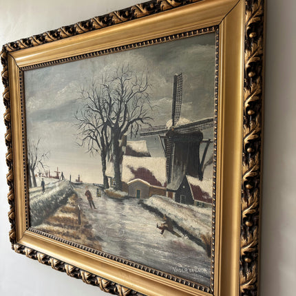 Handcrafted Winter Landscape Oil Painting "Snowy Windmill" Refined Art Holland Art Shop