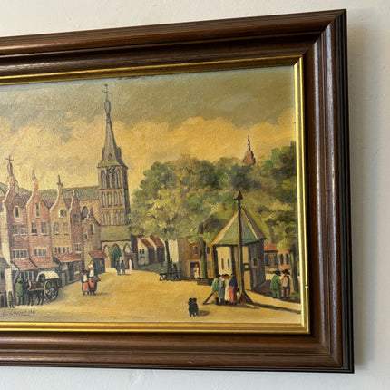 Figurative Cityscape Oil Painting "Town Square Scene" Traditional Medium Art - HollandArtShop