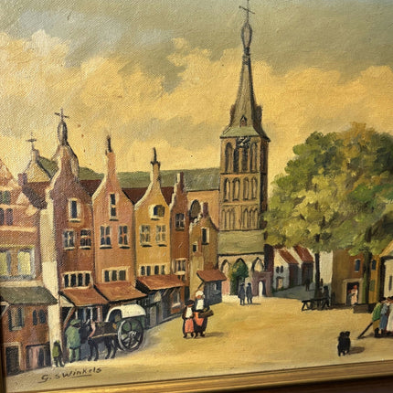 Figurative Cityscape Oil Painting "Town Square Scene" Traditional Medium Art - HollandArtShop
