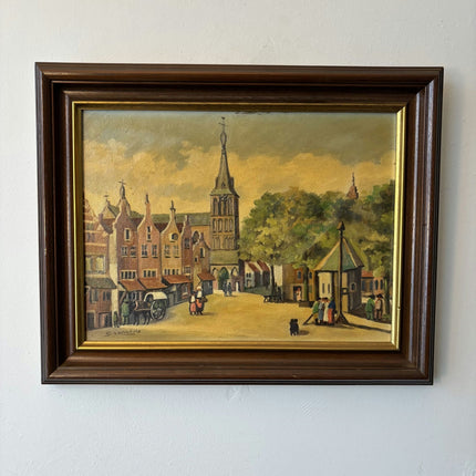 Figurative Cityscape Oil Painting "Town Square Scene" Traditional Medium Art - HollandArtShop