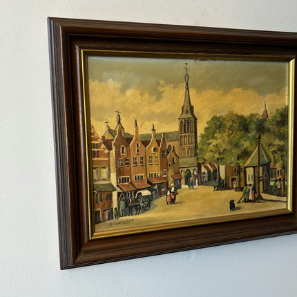 Figurative Cityscape Oil Painting "Town Square Scene" Traditional Medium Art - HollandArtShop