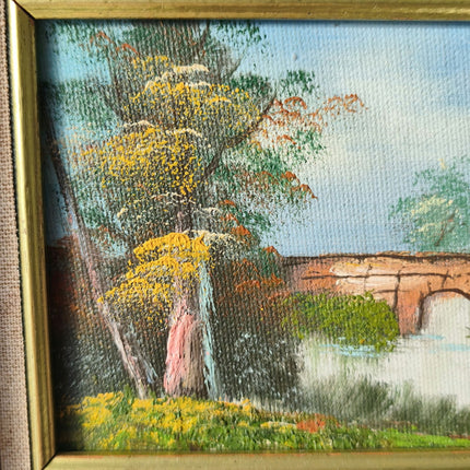 Figurative Landscape Oil Painting "Autumn Bridge" Vintage Small Art - HollandArtShop