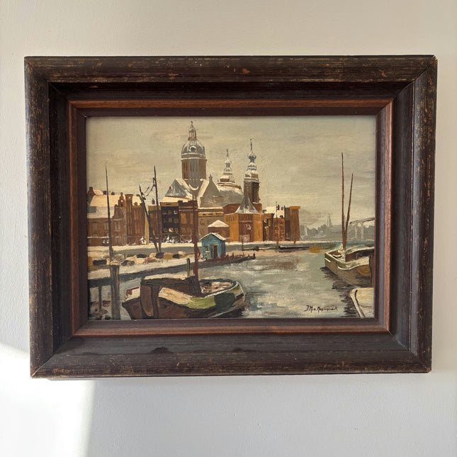 Figurative Oil Painting "Canal Boats" Marvelous Medium Artwork - HollandArtShop