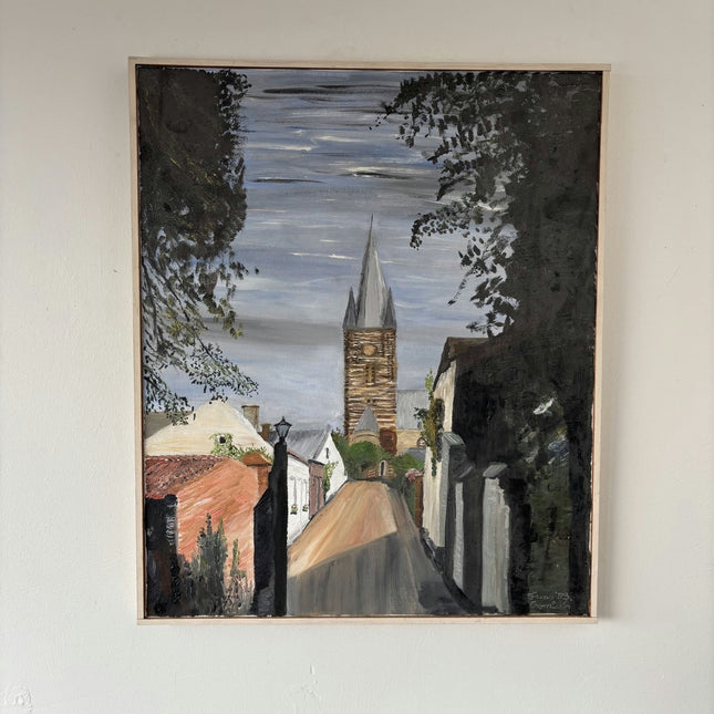 Figurative Oil Painting Cityscape "Church Tower" Vintage Medium Art - HollandArtShop