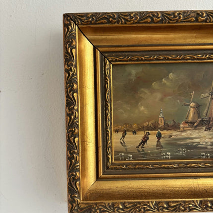 Figurative Oil Painting Winter Landscape "Ice Skaters Delight" Fine Small Art - HollandArtShop