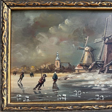 Figurative Oil Painting Winter Landscape "Ice Skaters Delight" Fine Small Art - HollandArtShop