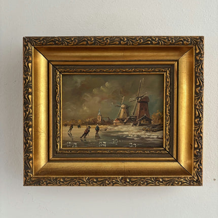 Figurative Oil Painting Winter Landscape "Ice Skaters Delight" Fine Small Art - HollandArtShop