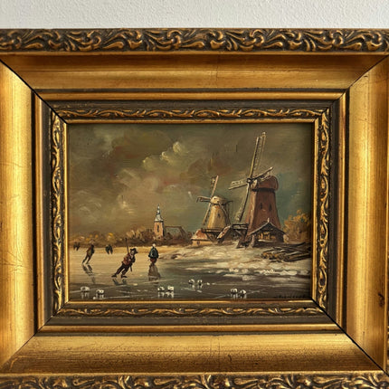 Figurative Oil Painting Winter Landscape "Ice Skaters Delight" Fine Small Art - HollandArtShop