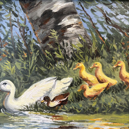 Fine Oil Painting Animals "Duck Family" Antique Small Artwork - HollandArtShop
