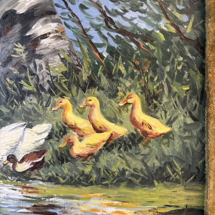 Fine Oil Painting Animals "Duck Family" Antique Small Artwork - HollandArtShop