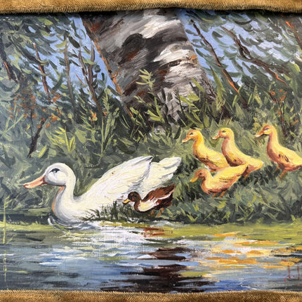 Fine Oil Painting Animals "Duck Family" Antique Small Artwork - HollandArtShop
